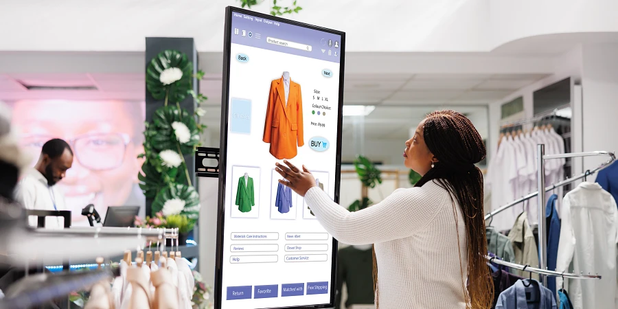 Mujer seleccionando ropa en una pantalla de señalización digital en retail